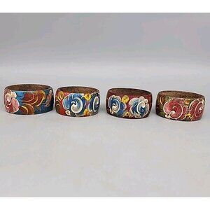 Vintage Set Of 4 Leather Napkin Rings Hand Painted Floral Weathered West Germany